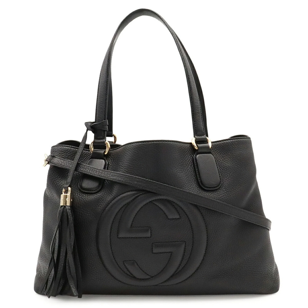 GUCCI Soho Working Tote Bag, Shoulder Tassel, Leather, Black, 308363